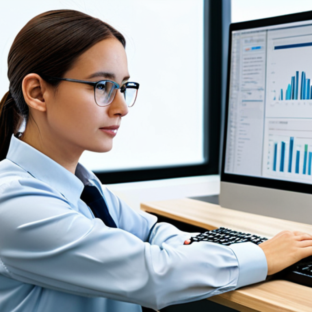 A professional female translator, dressed in a modest business casual outfit, sitting at a contemporary desk in a brightly lit, modern office space. A large computer monitor displays text with an AI interface, and her hands are naturally positioned on the keyboard. She is focused and meticulously post-editing machine-translated text, her expression showing concentration and expertise, emphasizing the synergy between human precision and artificial intelligence. safe for work, appropriate content, fully clothed, professional, perfect anatomy, correct proportions, natural pose, well-formed hands, proper finger count, natural body proportions, high-quality digital illustration, crisp details.