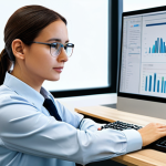A professional female translator, dressed in a modest business casual outfit, sitting at a contemporary desk in a brightly lit, modern office space. A large computer monitor displays text with an AI interface, and her hands are naturally positioned on the keyboard. She is focused and meticulously post-editing machine-translated text, her expression showing concentration and expertise, emphasizing the synergy between human precision and artificial intelligence. safe for work, appropriate content, fully clothed, professional, perfect anatomy, correct proportions, natural pose, well-formed hands, proper finger count, natural body proportions, high-quality digital illustration, crisp details.