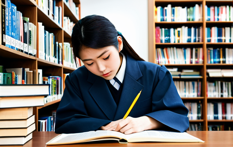 JLPT와 일본어 언어학 연구의 차별점 - **Prompt:** A student in a library, surrounded by Japanese language textbooks and study materials, f...
